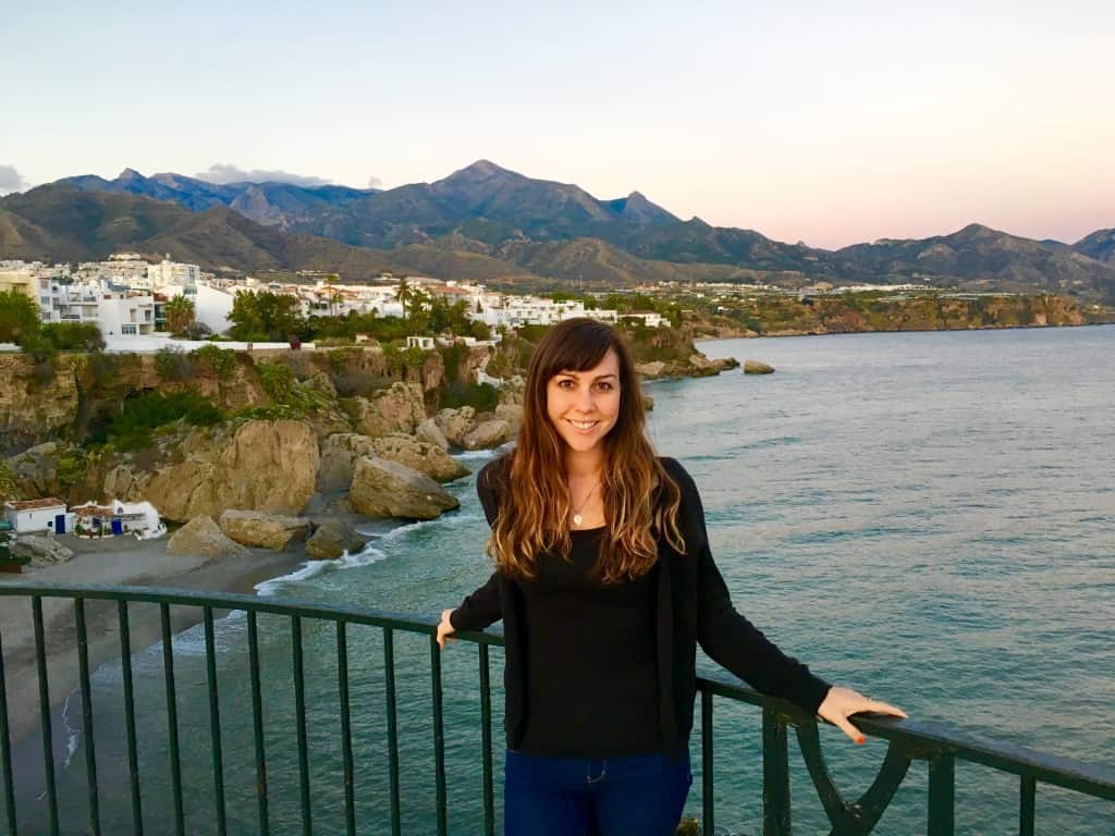 On balcony overlooking ocean and mountain in Nerja, Spain in winter