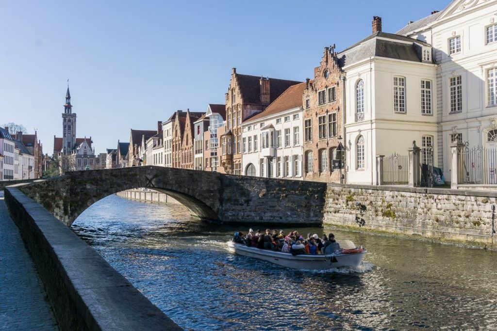 Babymoon in Europe - Bruges - Boat on canal and bridge