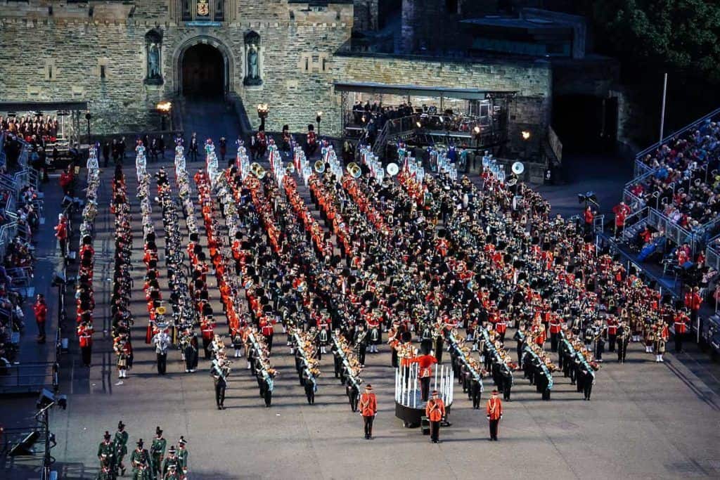 Edinburgh Festivals August - Edinburgh Tattoo bands in front of Edinburgh Castle