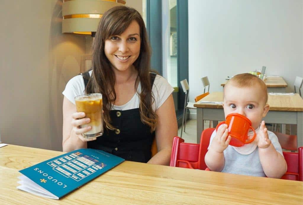 Baby Friendly Edinburgh Cafe: Mum with iced coffee and baby with sippy cup at table