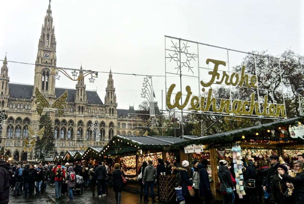 Babymoon Destinations Europe-Vienna -Christmas Market stalls in wet weather