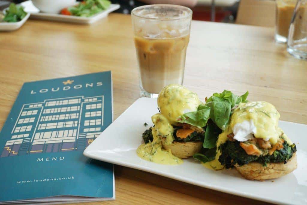 Food at Loudons Edinburgh: Iced Coffee, Eggs benedict, Loudons Menu