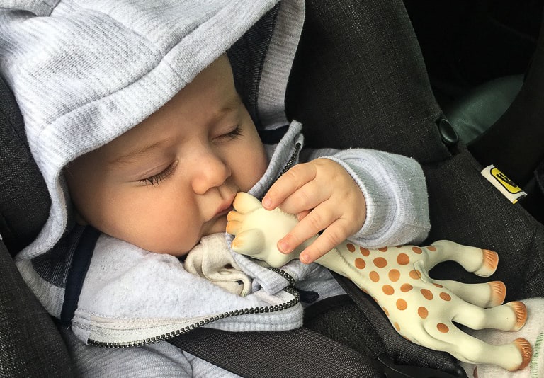 Baby asleep with toy in car seat on road trip