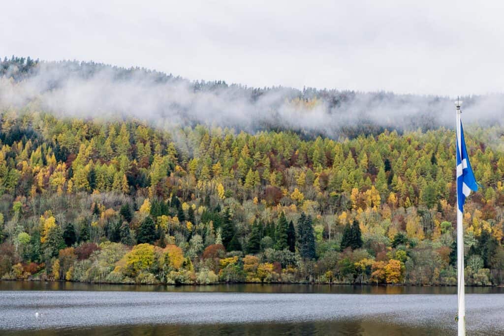 Loch Tay - Mist over autumn tree coloured hills and loch