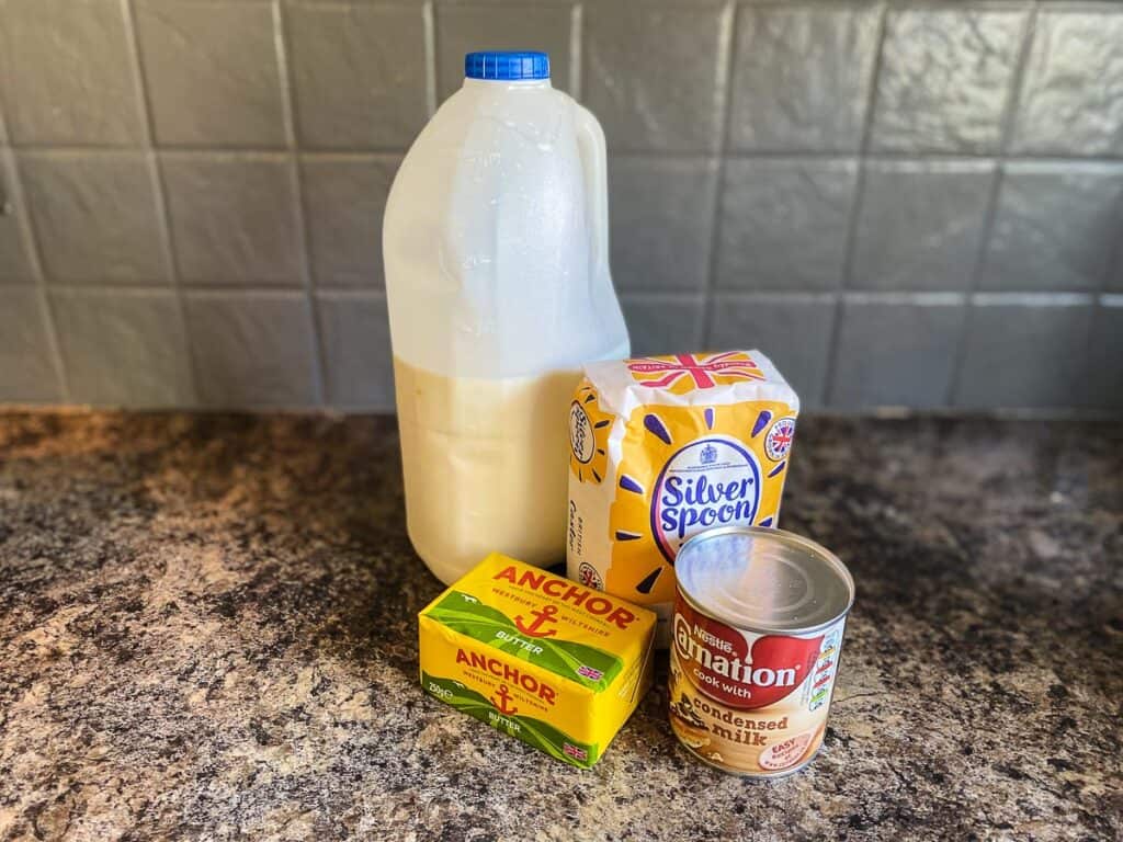 Ingredients for traditional scottish tablet recipe - milk, butter, sugar, condensed milk