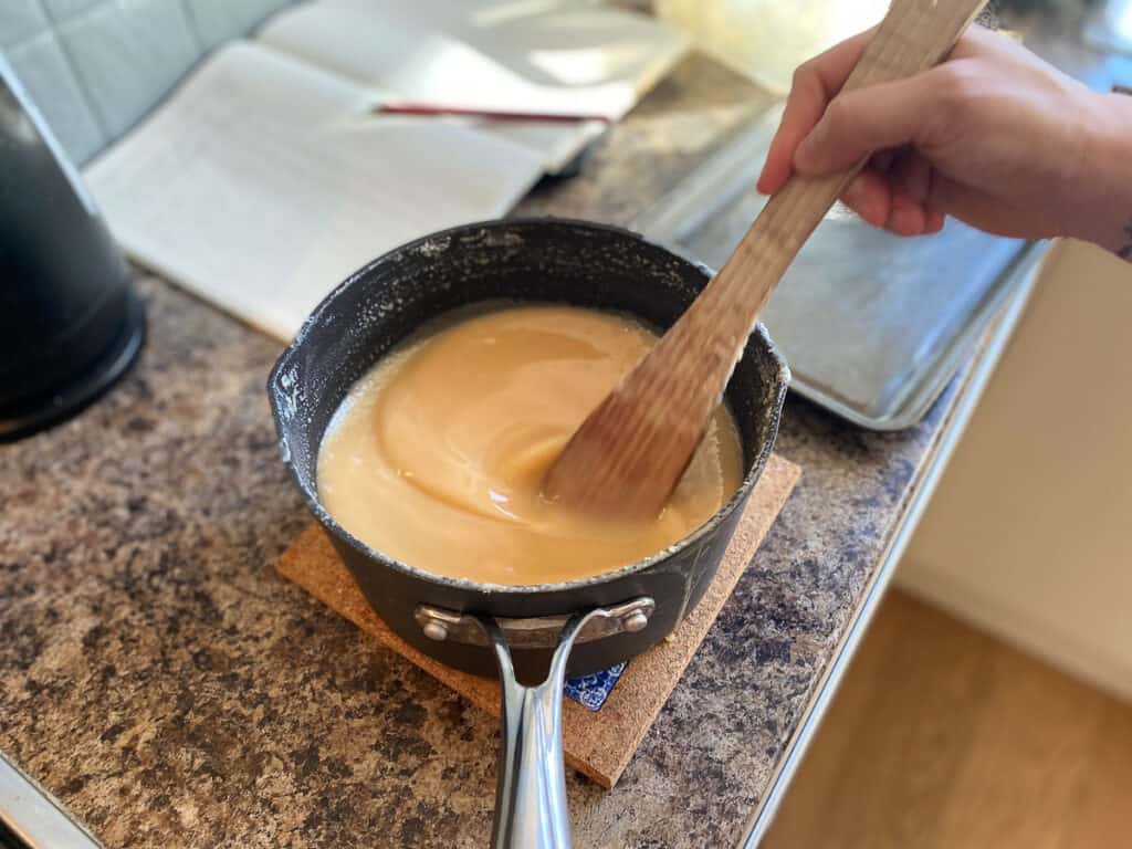 mixing scottish tablet recipe on the stove